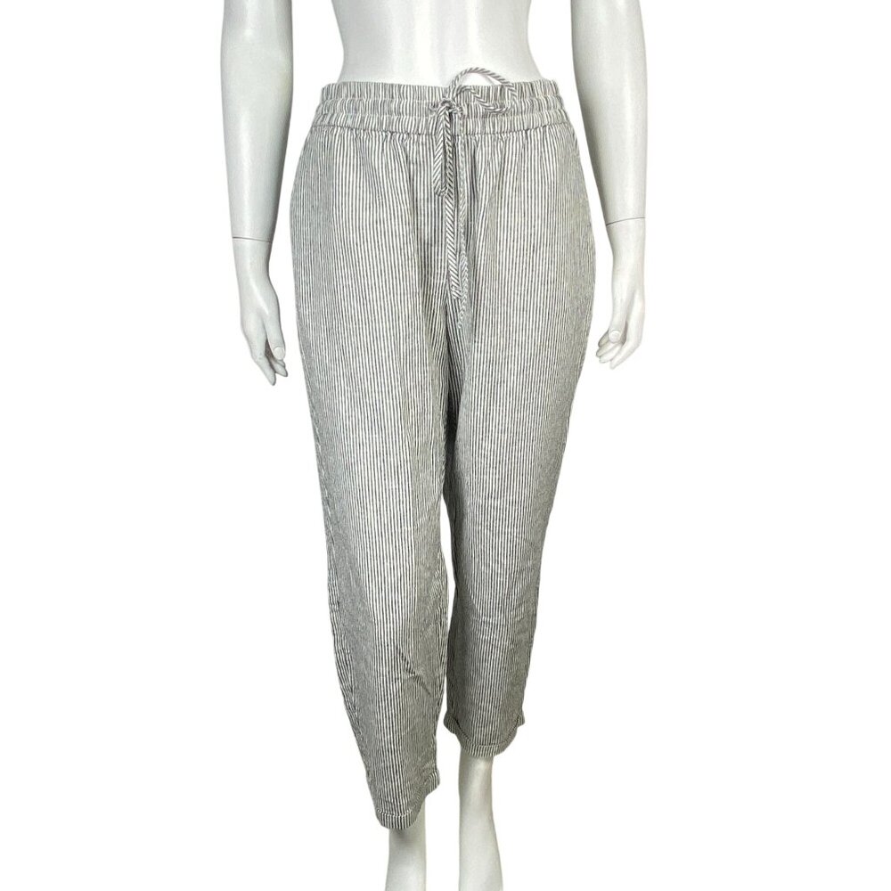 J.Crew Cropped Linen Blend Pants Womens Size 12 Striped Elastic Waist Pockets